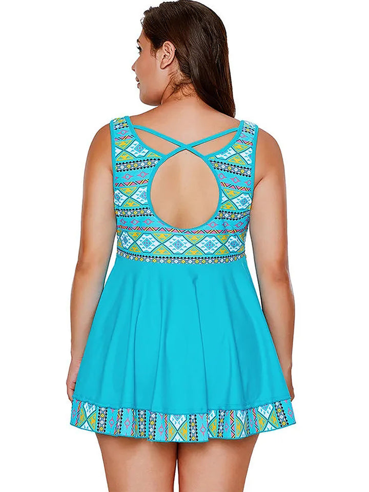 Plus Size Ethnic Print Two-piece Swimsuit Dress For Women