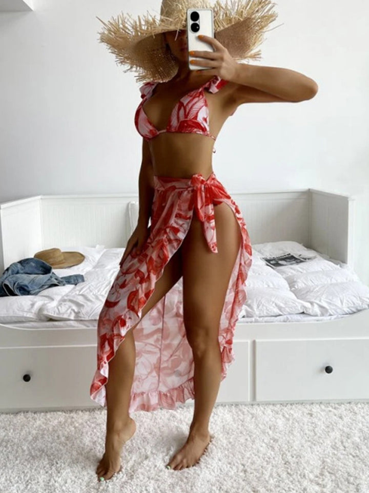 Botanical Print Ruffled Three-Piece Bikini Set