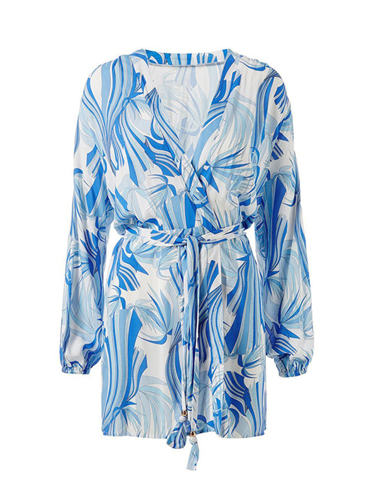 Blue Iregular Striped Sun Beach Summer Swimsuit Cover Ups