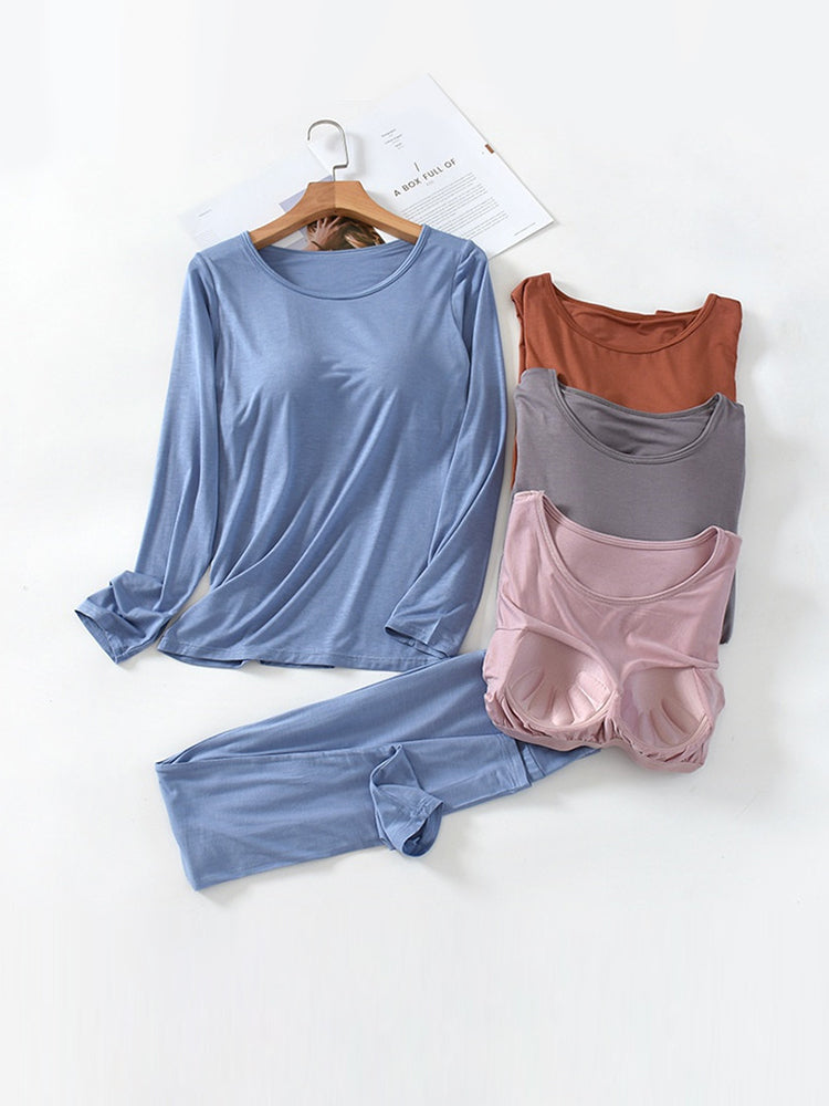 Women's Built In Padded Shelf Bra Round And High Neck Long Sleeve Underwear Loungewear Sets