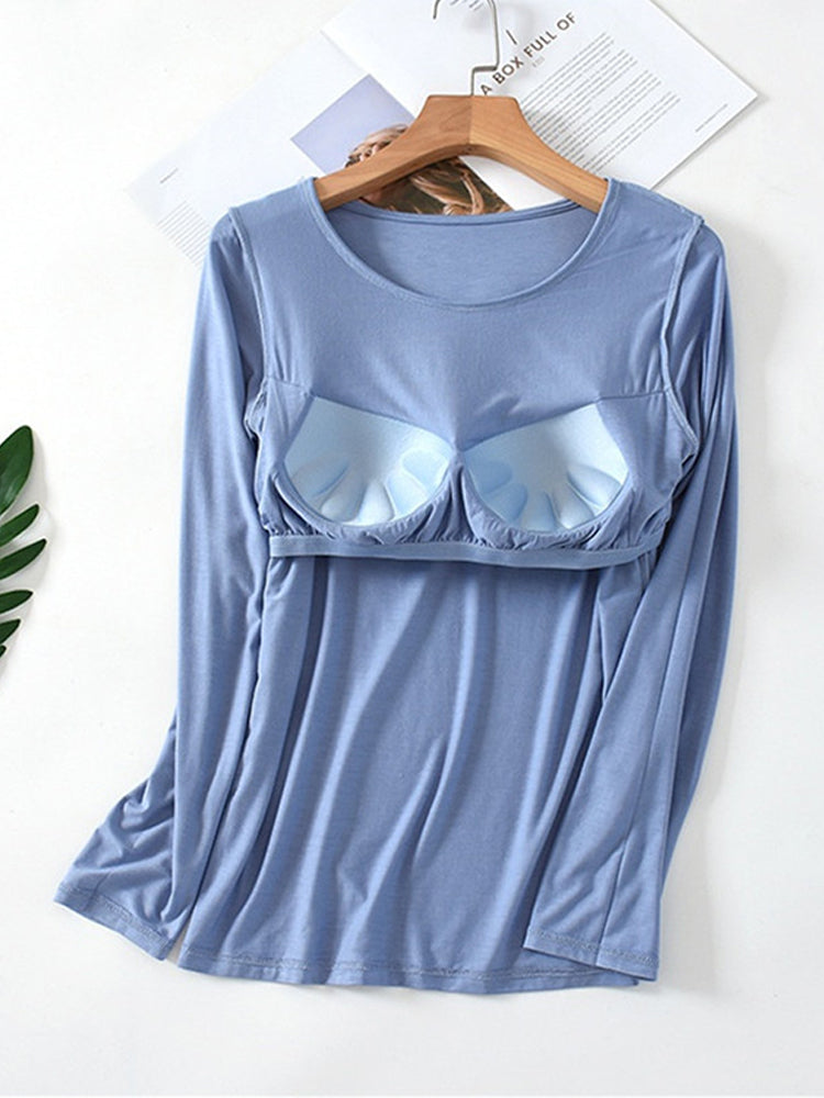 Women's Built In Padded Shelf Bra Round And High Neck Long Sleeve Underwear Loungewear Sets