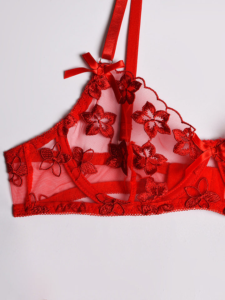 3 Piece Floral Embroidered Ruffle Sexy Underwire Lingerie Set