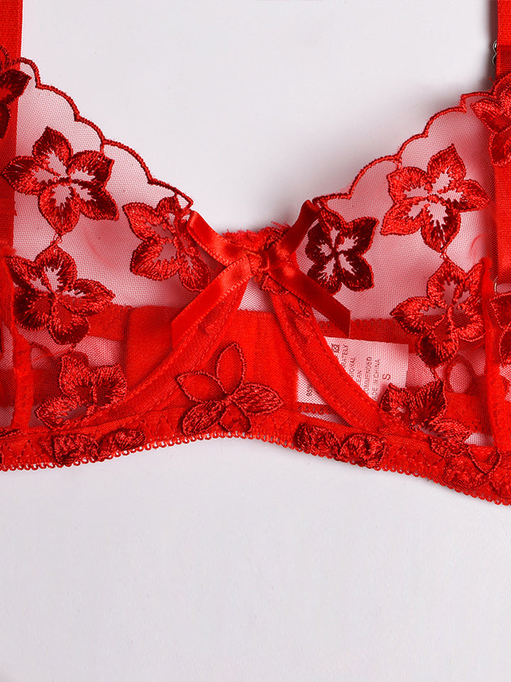 3 Piece Floral Embroidered Ruffle Sexy Underwire Lingerie Set