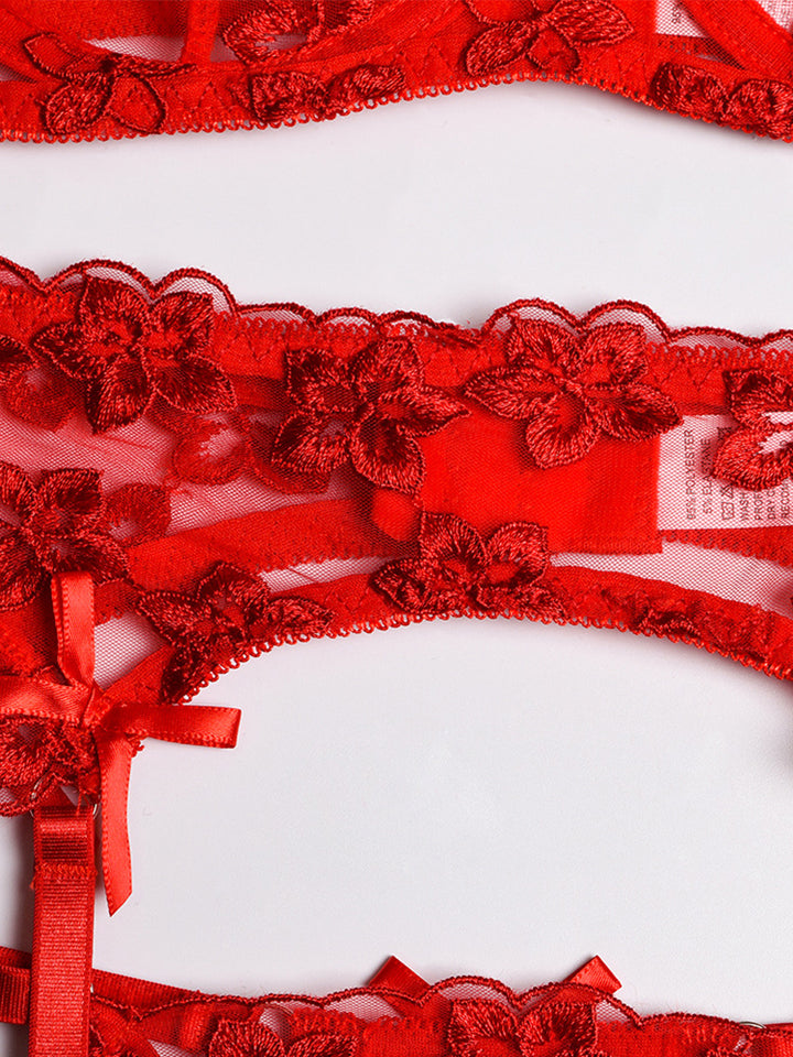 3 Piece Floral Embroidered Ruffle Sexy Underwire Lingerie Set