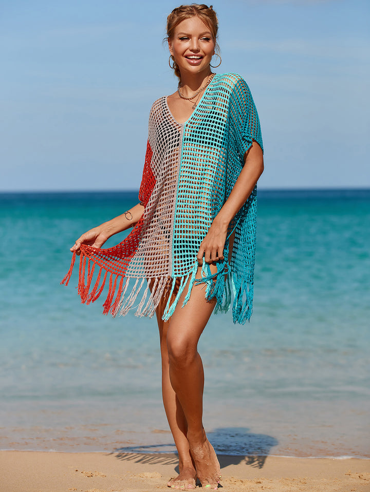 Women Hit Color Crochet Tassel Hem Pleats Hollow Out Cover Ups
