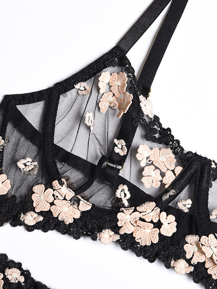 Sexy Flower Embroidery Sheer Mesh 3 Pieces Lingerie Set