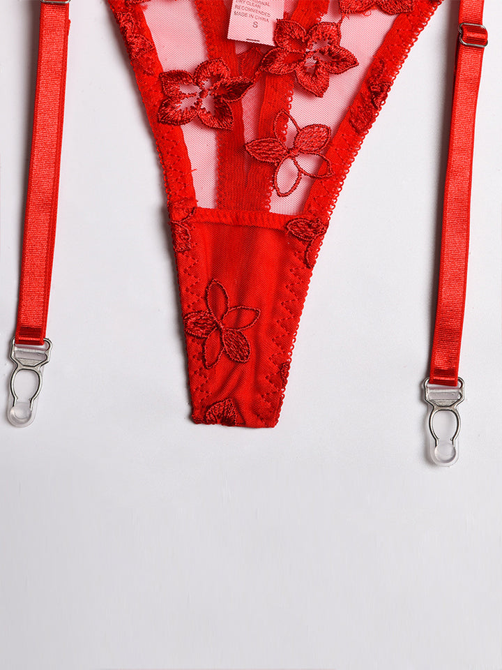 3 Piece Floral Embroidered Ruffle Sexy Underwire Lingerie Set