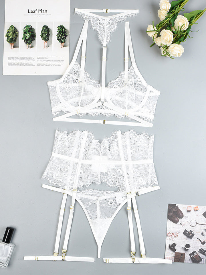 Four Piece Lace Garter Choker Babydoll Lingerie Set