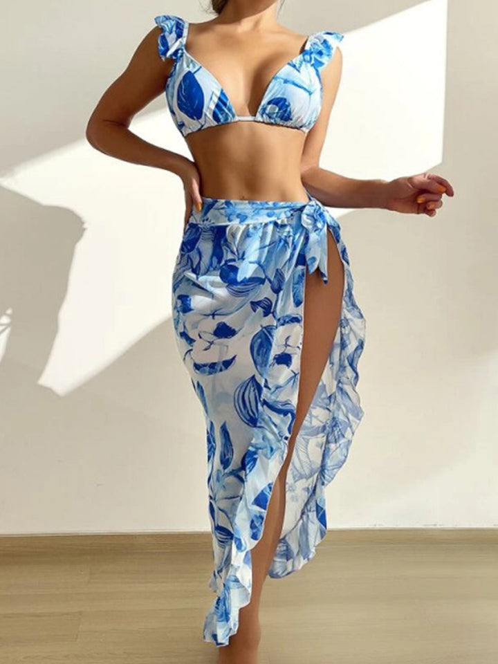 Botanical Print Ruffled Three-Piece Bikini Set