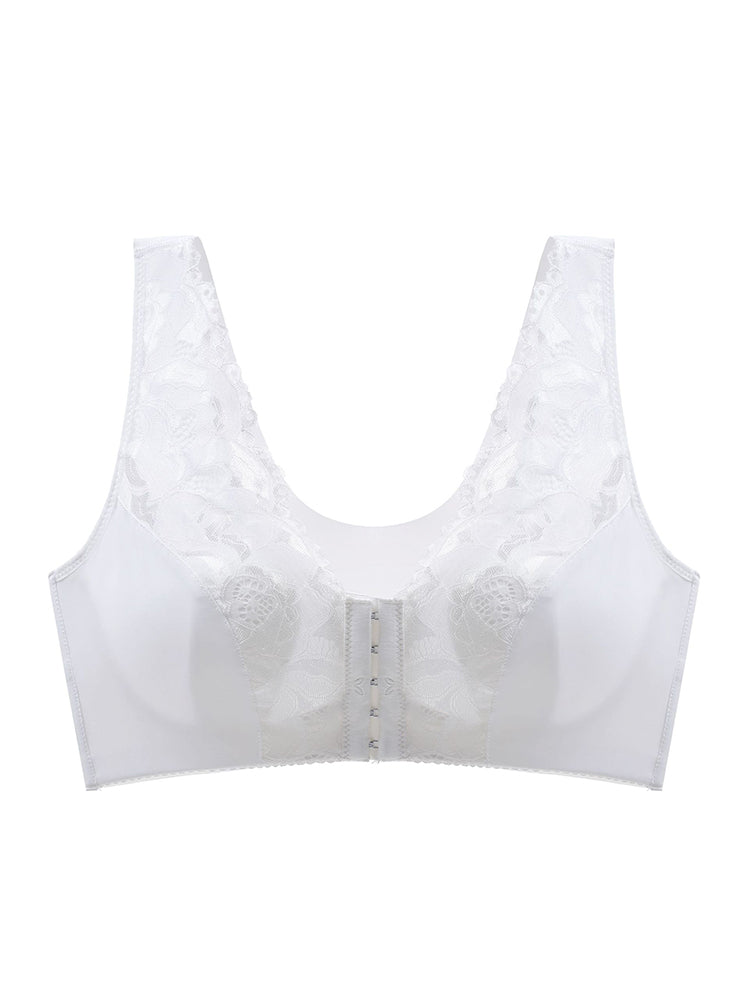Breathable V-neck Lace Front Close Wireless Bra