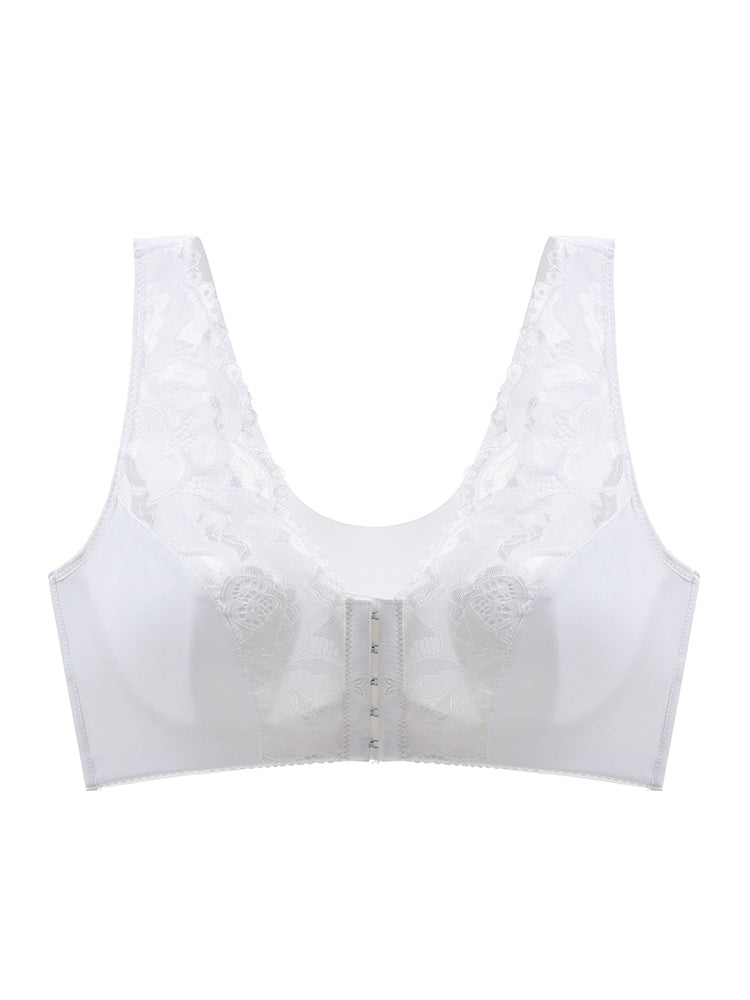 Breathable V-neck Lace Front Close Wireless Bra