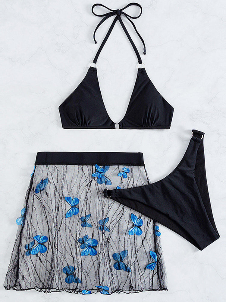 Black Sexy Bikini Butterfly Mesh Cover-Up Three Piece Set