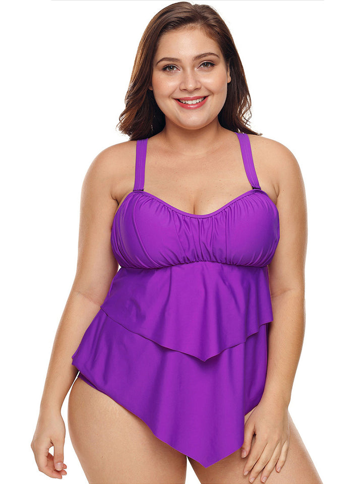 Plus Size Solid Color Lotus Leaf Hem Split Two Piece Swimsuit