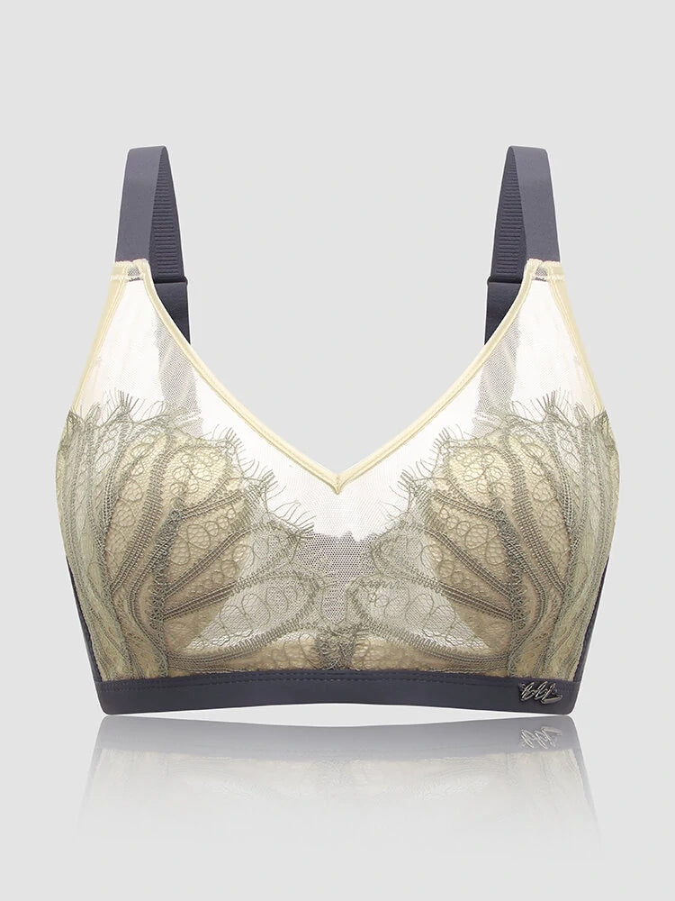 Women Jacquard Lace Trim Transparent Thin Wireless Bras