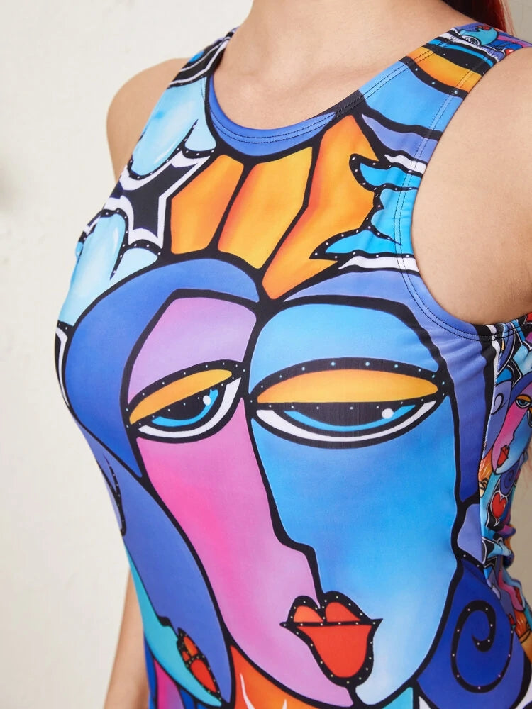 Face Abstract Print One-piece Swimsuit