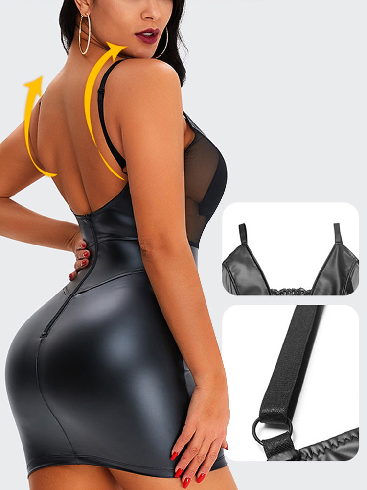 Lace PU Leather Backless Sling Pack Hip Control Shape Dresses