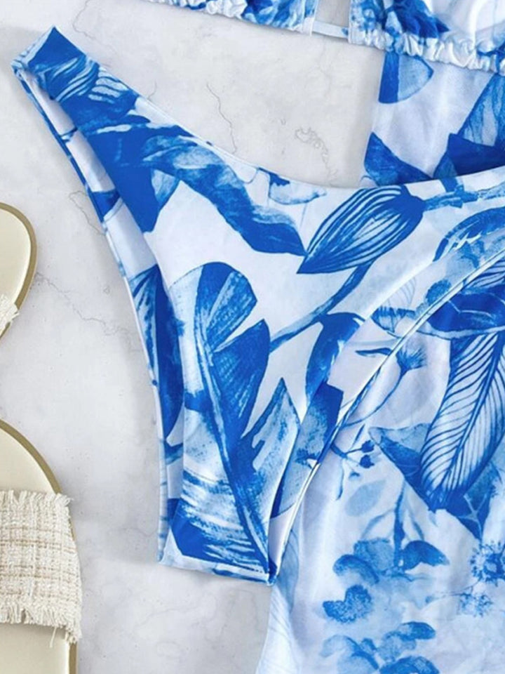 Botanical Print Ruffled Three-Piece Bikini Set