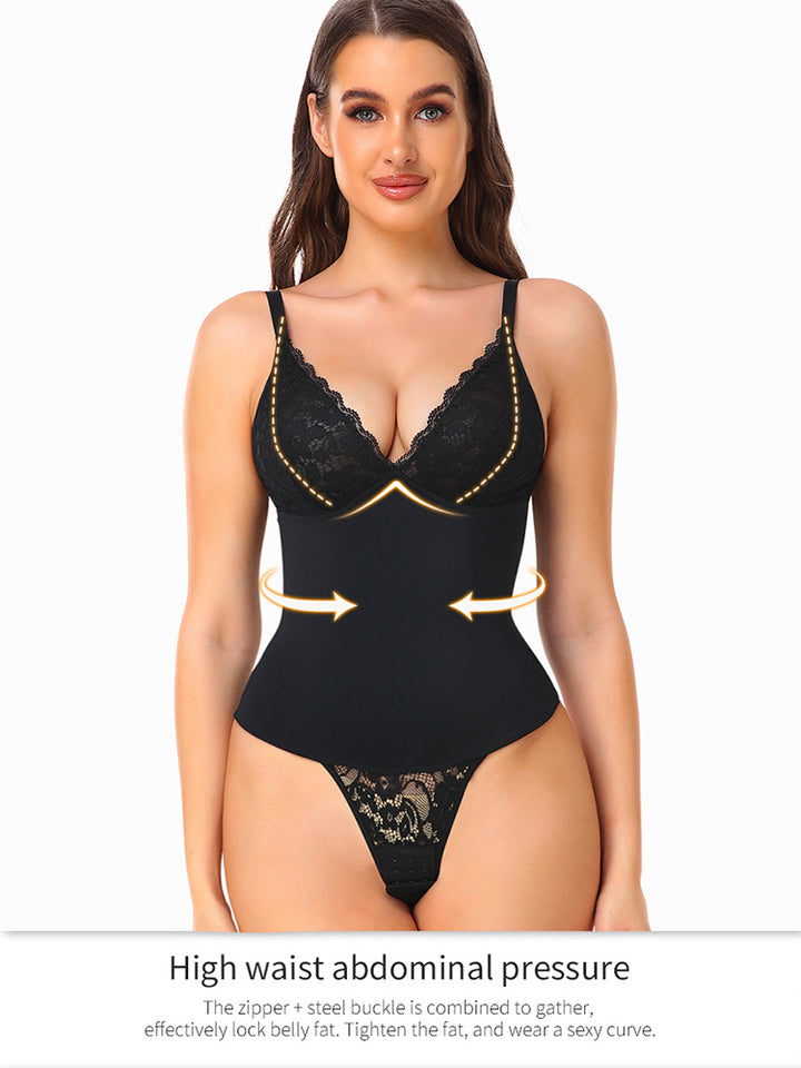 Lace Lingerie Tummy Control Hook Crotch Bodysuit Shapewear