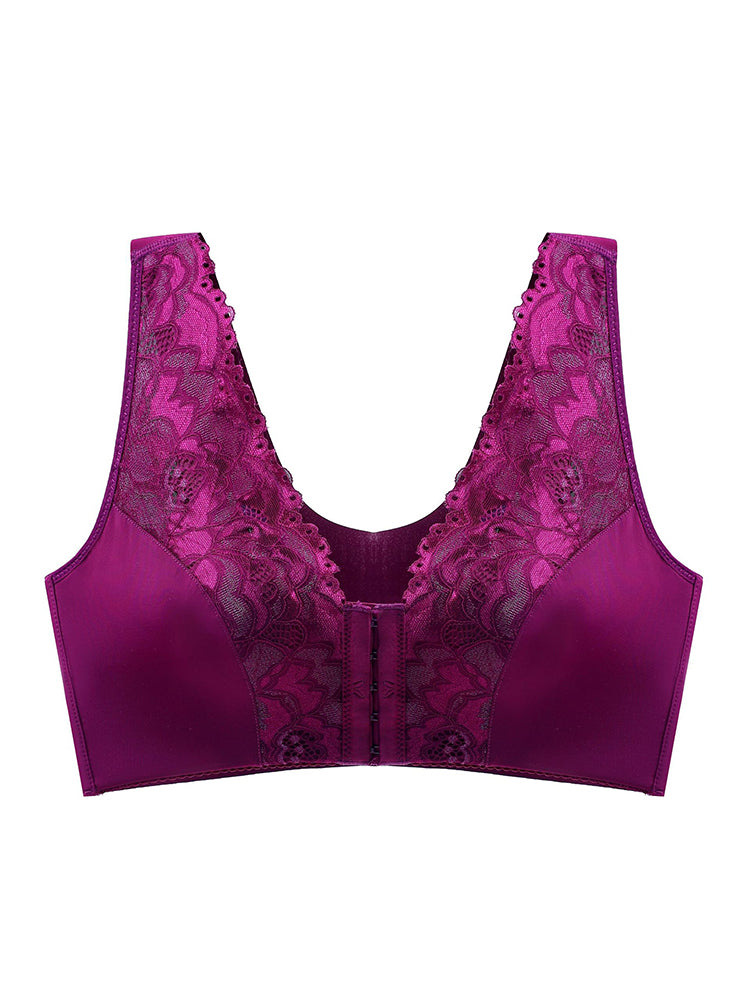 Breathable V-neck Lace Front Close Wireless Bra