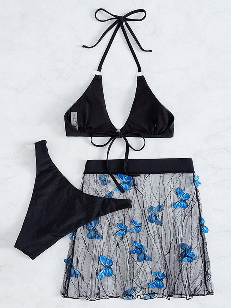 Black Sexy Bikini Butterfly Mesh Cover-Up Three Piece Set