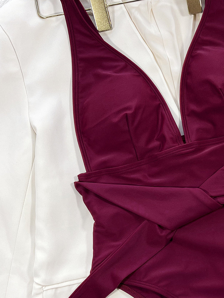 Sexy Deep V Neck Wine Red Color One Piece Swimsuit