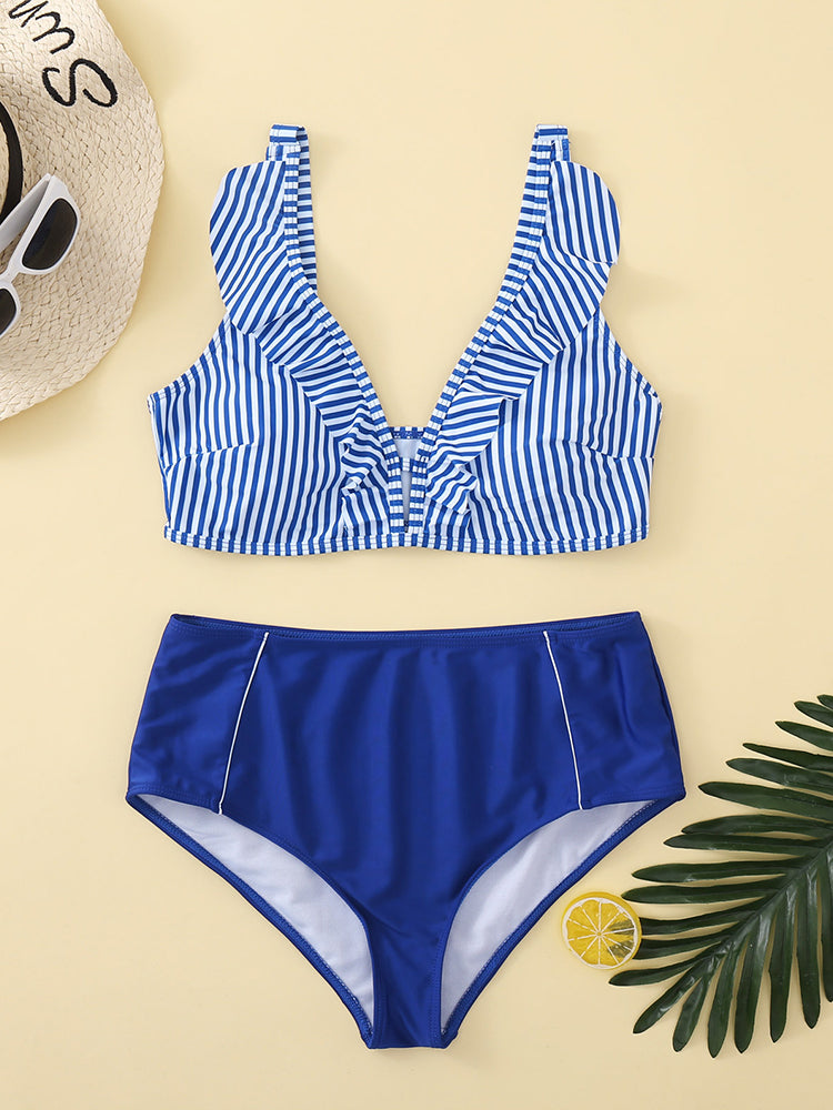 Lovely Blue Striped Print Two Piece Swimsuit Bikini Set