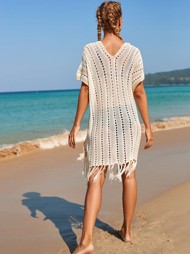 Women Hit Color Crochet Tassel Hem Pleats Hollow Out Cover Ups
