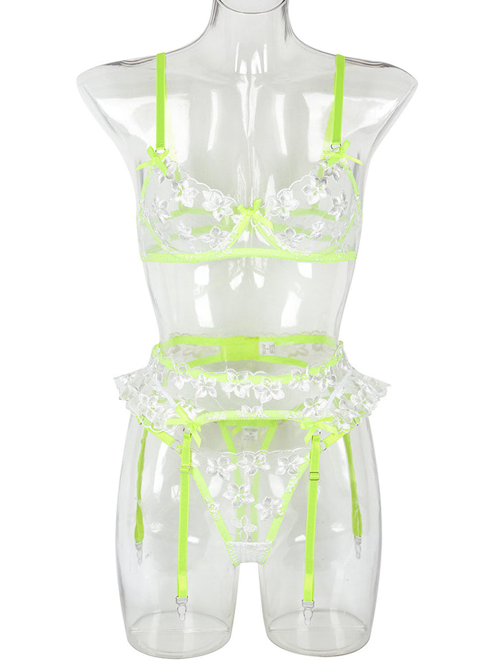 3 Piece Floral Embroidered Ruffle Sexy Underwire Lingerie Set
