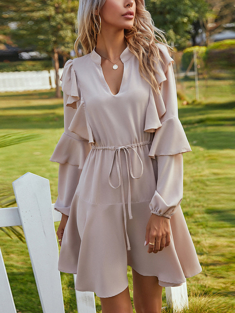 Women's Elegant V-Neck Long Sleeve Ruffle Dress