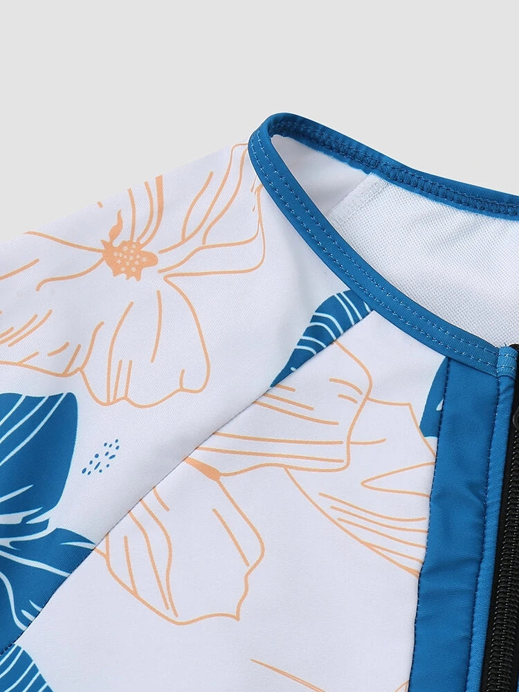 Women's Leaves Print Front Zipper Padded One Pieces Swimwear