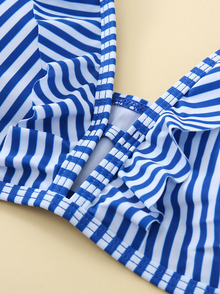 Lovely Blue Striped Print Two Piece Swimsuit Bikini Set