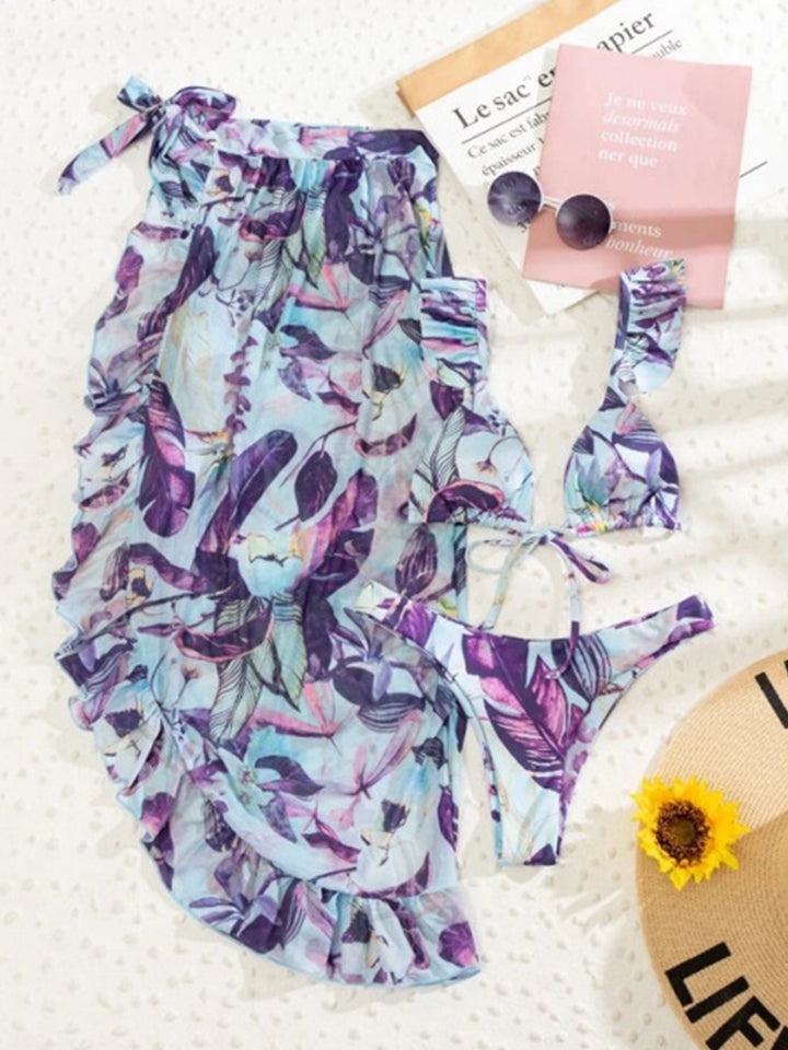 Botanical Print Ruffled Three-Piece Bikini Set