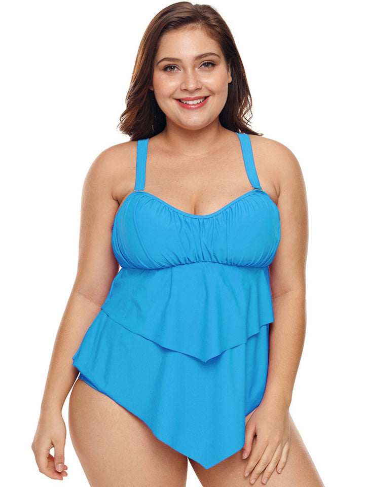 Plus Size Solid Color Lotus Leaf Hem Split Two Piece Swimsuit