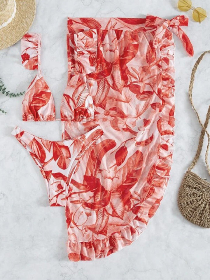 Botanical Print Ruffled Three-Piece Bikini Set