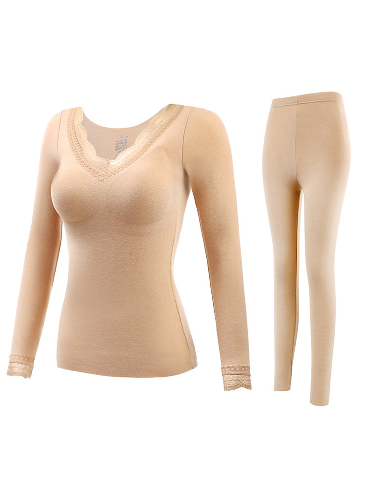Lace V-Neck Reversible Brushed Thermal Sets