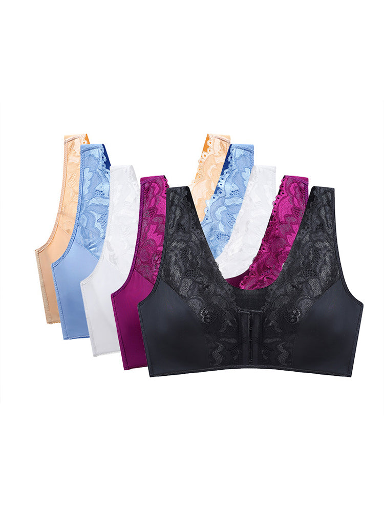 Breathable V-neck Lace Front Close Wireless Bra