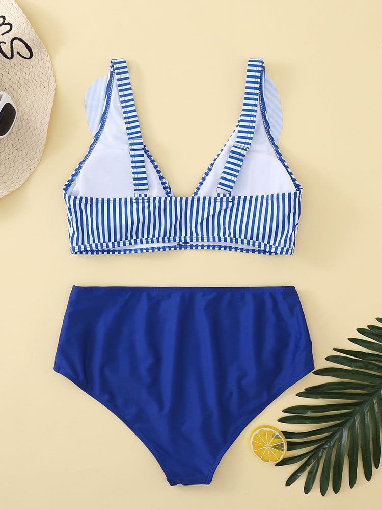 Lovely Blue Striped Print Two Piece Swimsuit Bikini Set