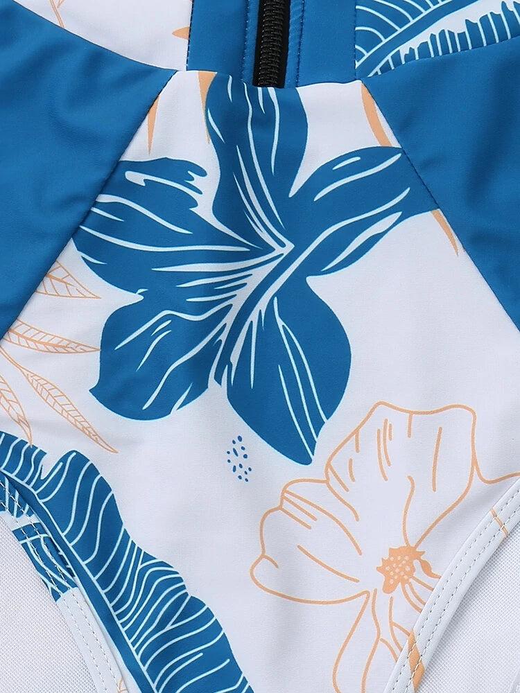 Women's Leaves Print Front Zipper Padded One Pieces Swimwear