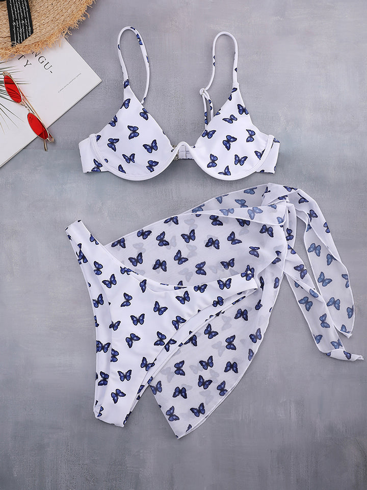 Butterfly Print Push Up Sexy Three-Piece Bikini Set