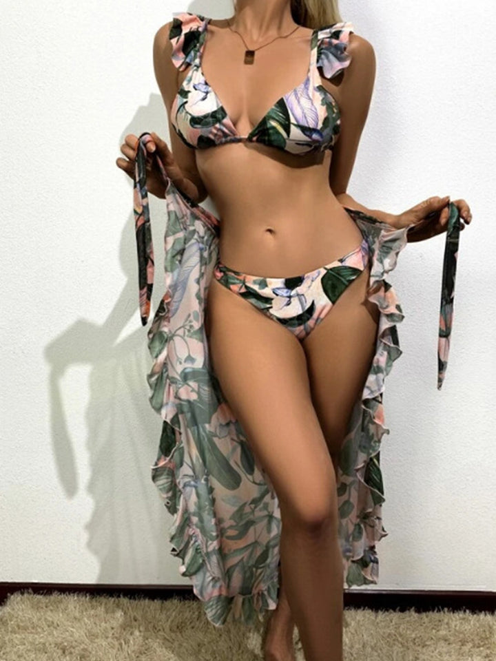 Botanical Print Ruffled Three-Piece Bikini Set