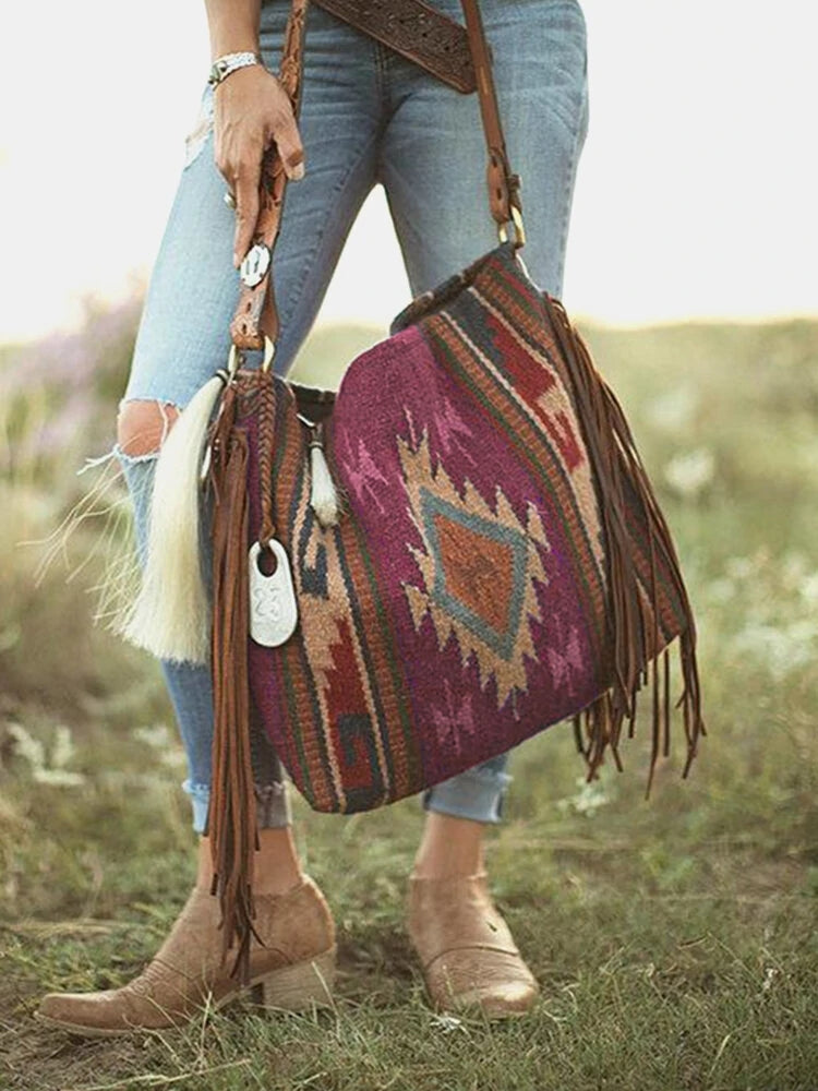 Retro Geometric Print Tassel Felt Ethnic Tote Shoulder Bag