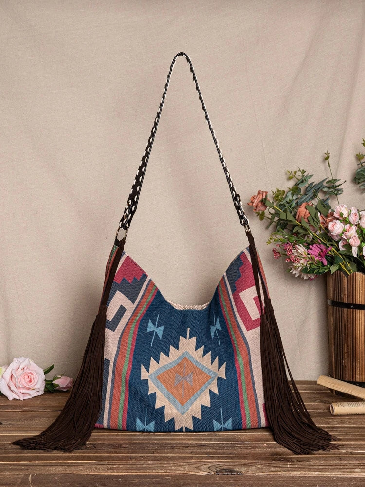 Retro Geometric Print Tassel Felt Ethnic Tote Shoulder Bag
