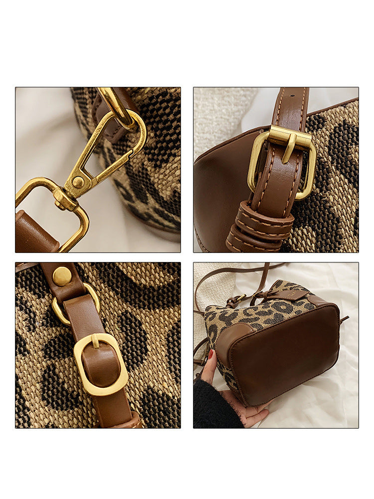 Women's Leopard Print Drawstring Bucket Bag PU Crossbody Bag