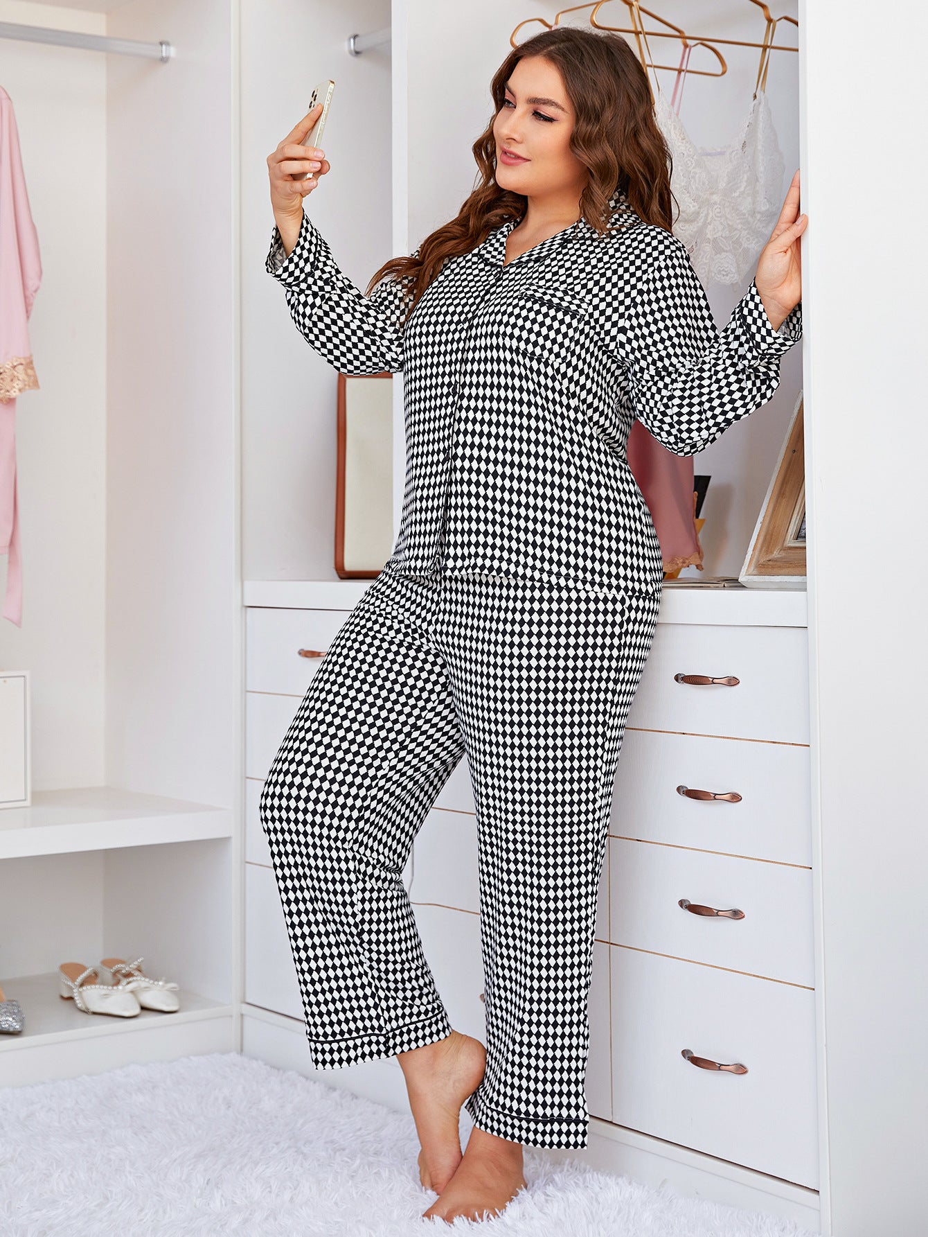Women Plus Size Matching Plaid Pajama Set Loungewear
