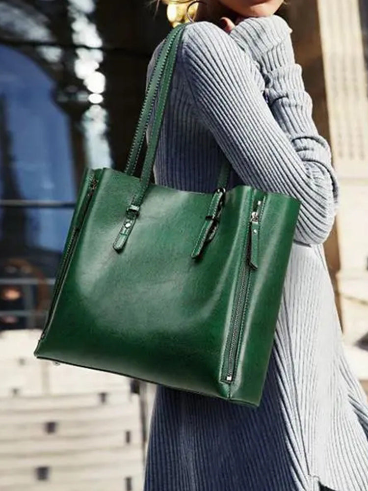 Solid Large Capacity Leisure Handbag Faux Leather Shoulder Tote Bag