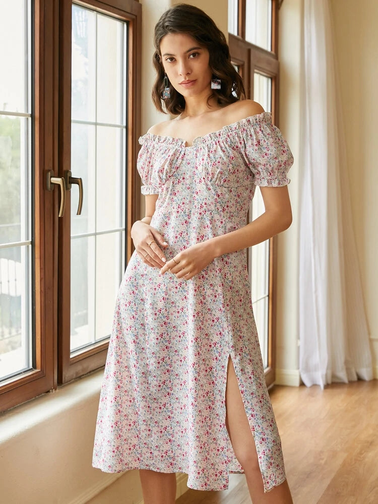 Floral Print Shirred Ruffle Trim Puff Sleeve Slit Dresses