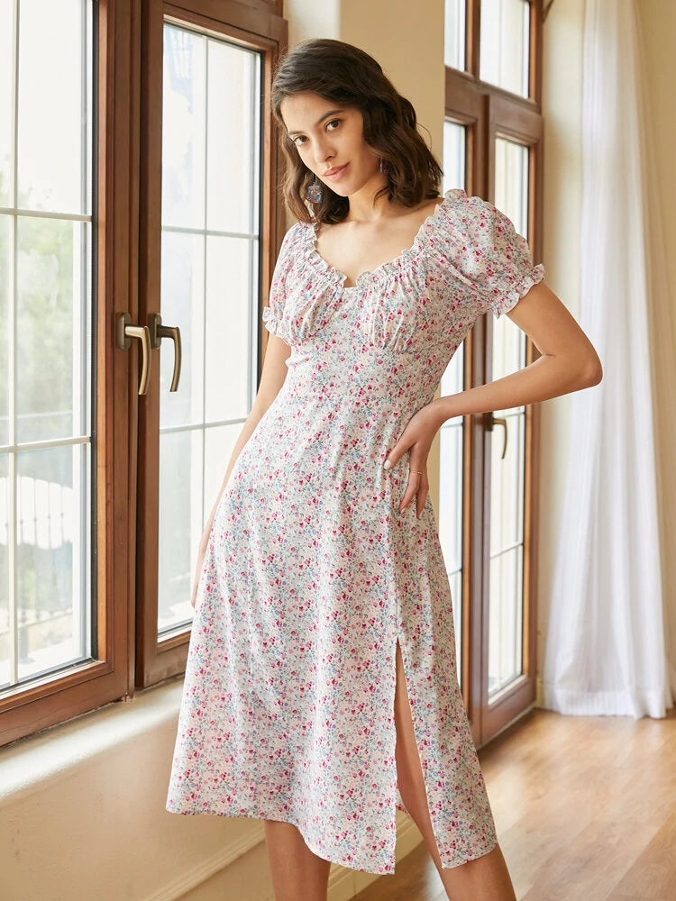 Floral Print Shirred Ruffle Trim Puff Sleeve Slit Dresses