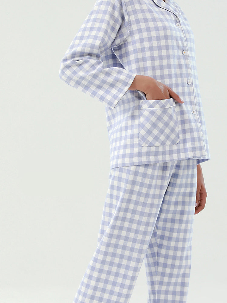 Cotton Plaid Pajamas Set Long Sleeve Sleepwear for Men&Women