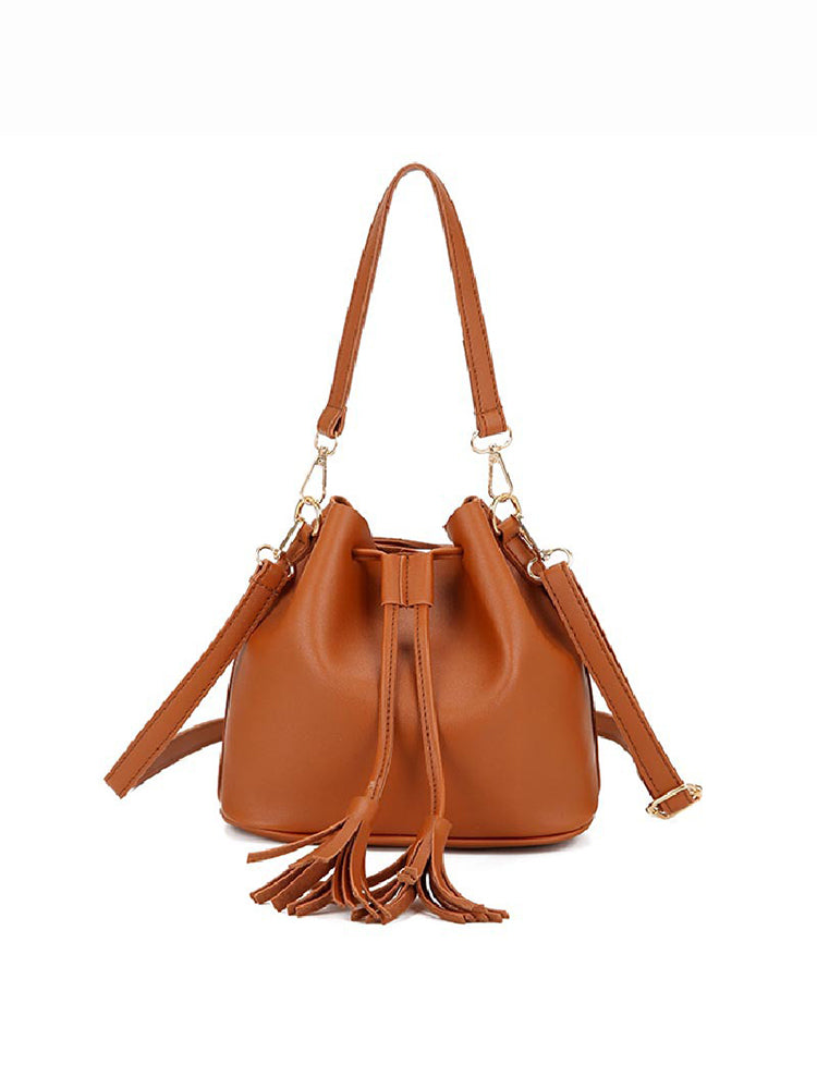 Women PU Leather Vintage Tassel Bucket Bags Mini Crossbody Bags