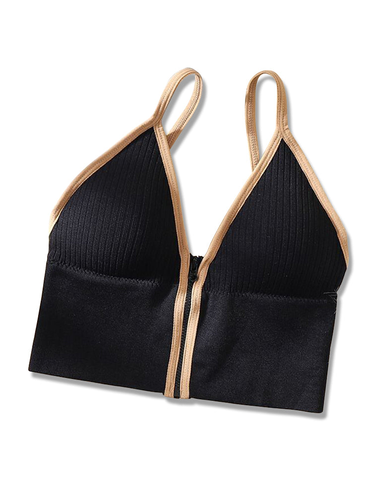 Women's V-Neck Zipper Front Wirefree Removable Pads Yoga Bra